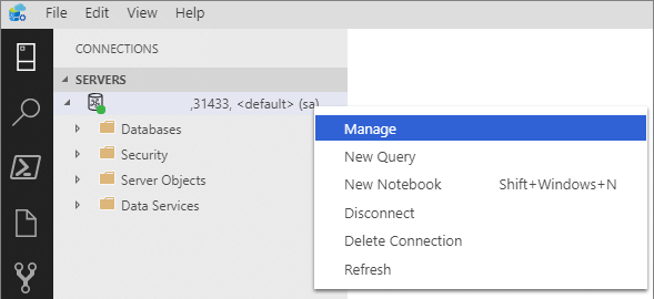 A screenshot from Azure Data Studio showing where to right-click and manage.