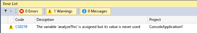 Visual Studio 2015 Error List with Warnings