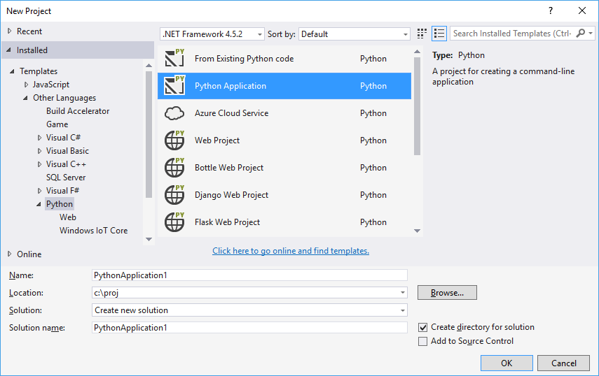 New project dialog with Python templates