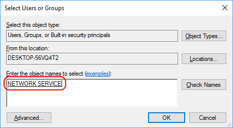 Manage Private Keys dialog, adding NETWORK_SERVICE