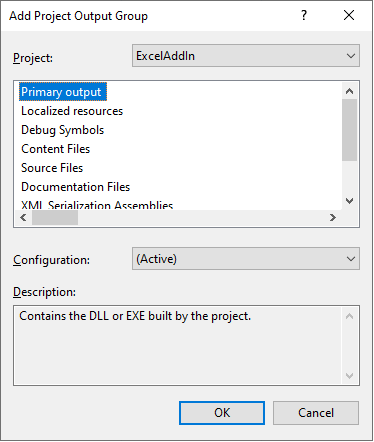 Screenshot of the Setup Project Add Project Output Group dialog