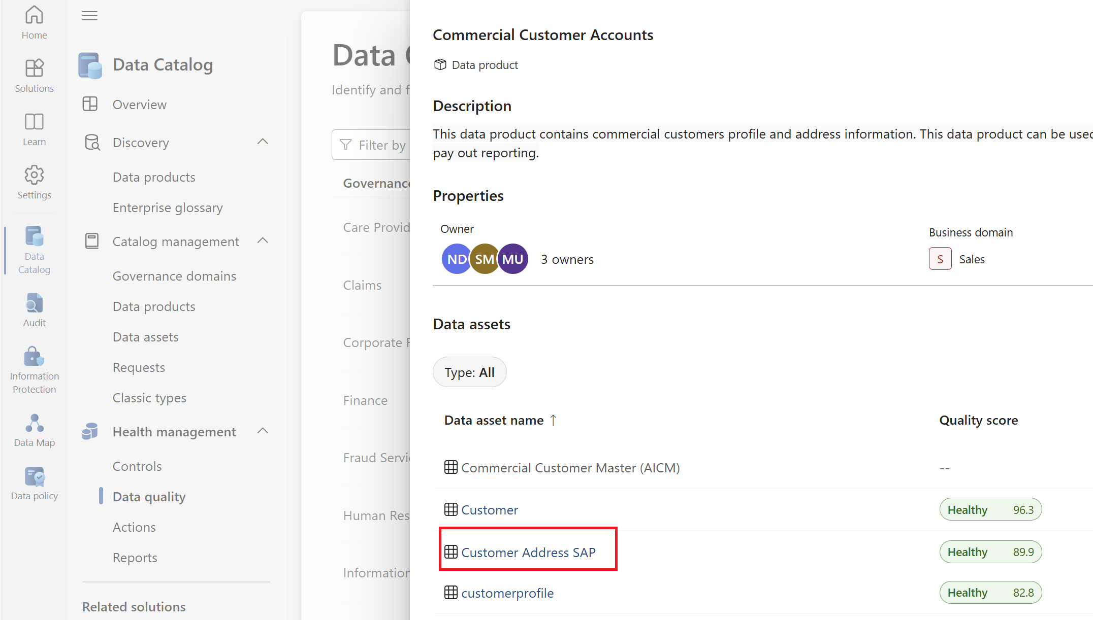 Screenshot of selecting the data asset of the data product.