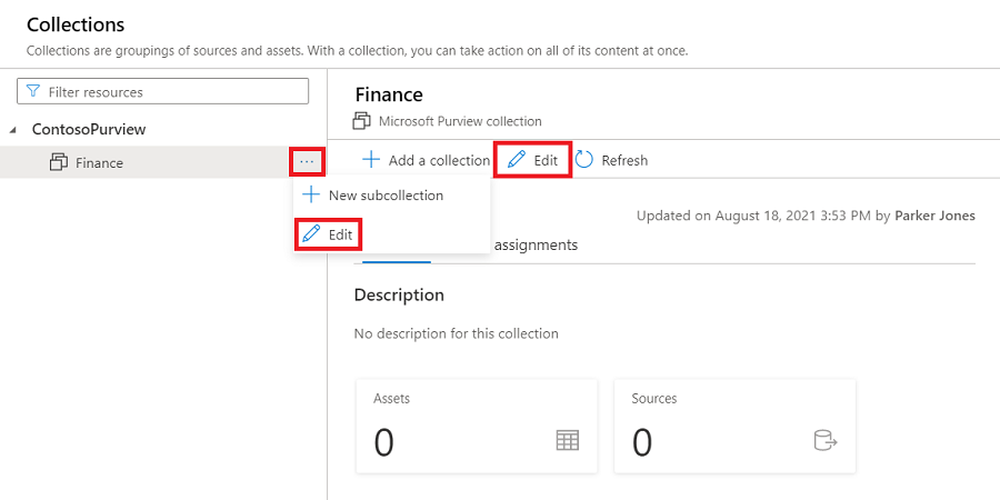 Screenshot of Microsoft Purview governance portal window, open to collection window, with the 'edit' button highlighted both in the selected collection window, and under the ellipsis button next to the name of the collection.