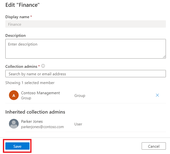 Screenshot of Microsoft Purview governance portal window with the edit collection window open, a description added to the collection, and the save button highlighted.