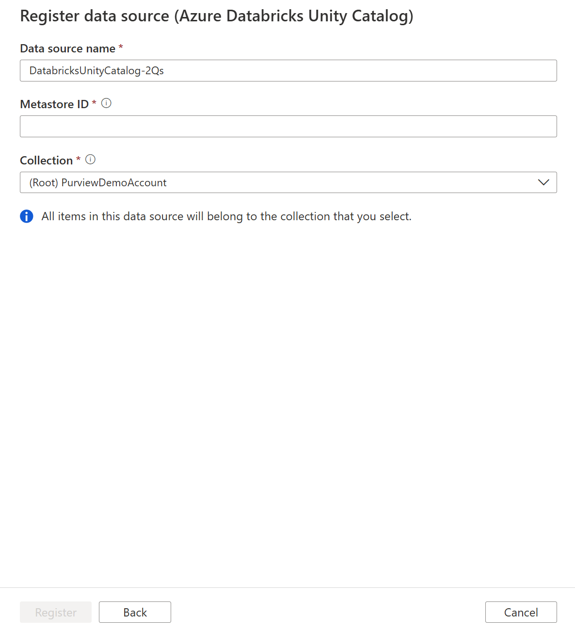 Screenshot of registering Azure Databricks Unity Catalog source.