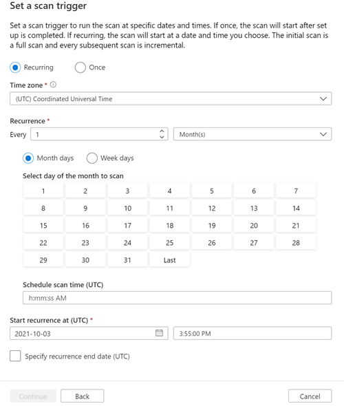 Screenshot of the set a scan trigger page showing a recurring monthly schedule.