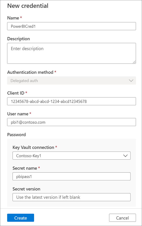 Screenshot of the new credential menu, showing Power B I credential with all required values supplied.