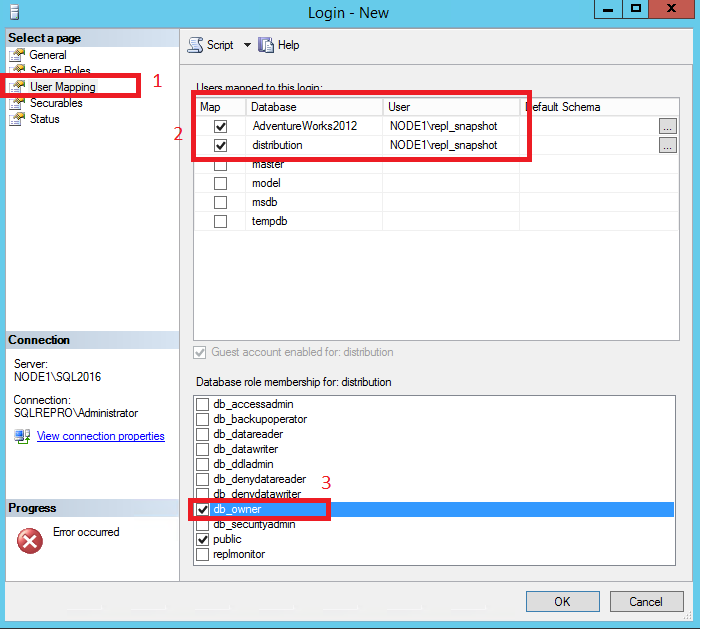 Screenshot of selecting the databases and their role.