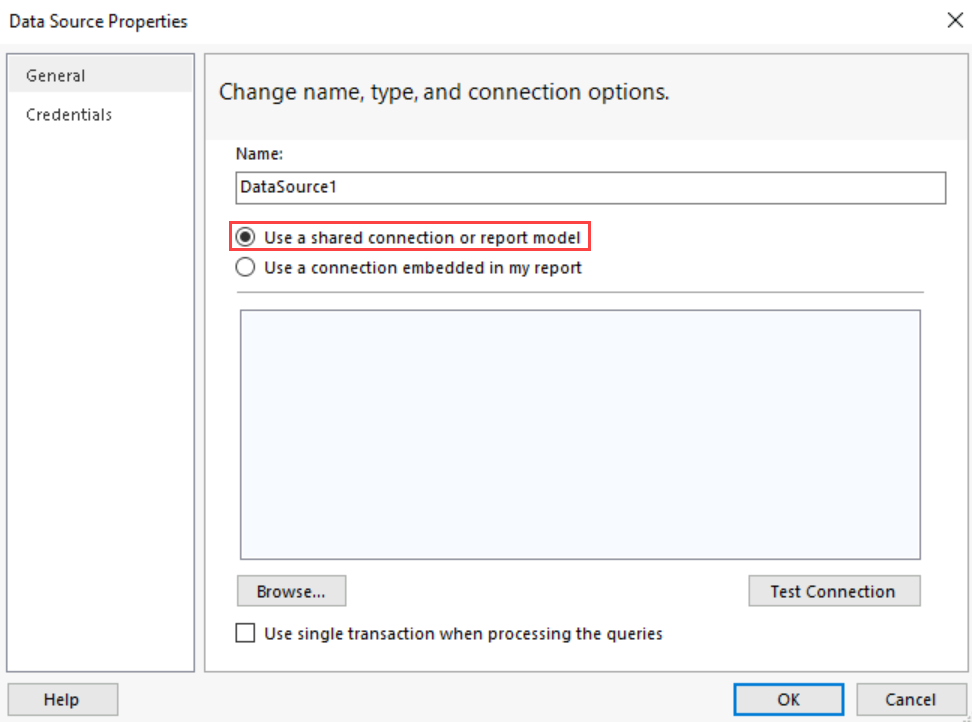 Screenshot that shows the Data Source Properties dialog box highlighting the Use a shared connection or report model option.