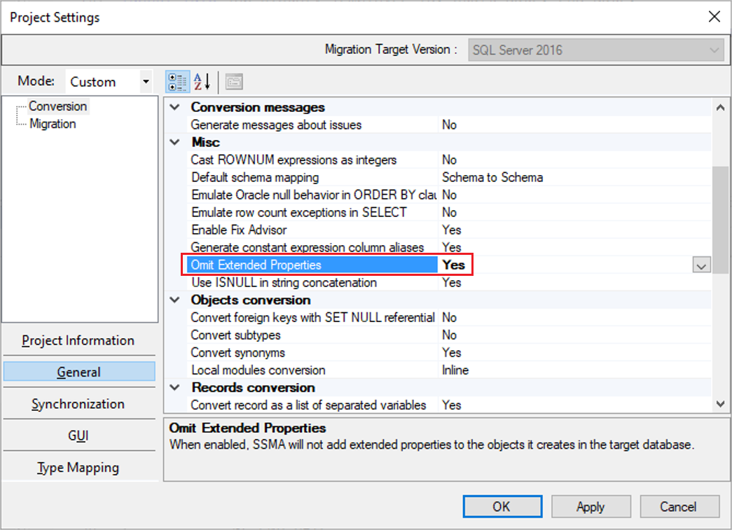 Omit Extended Properties setting