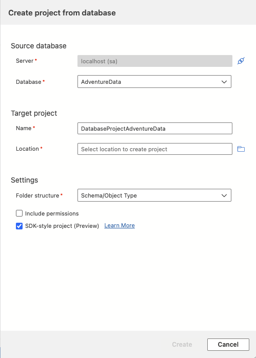 Screenshot of Create project from database dialog in Azure Data Studio.