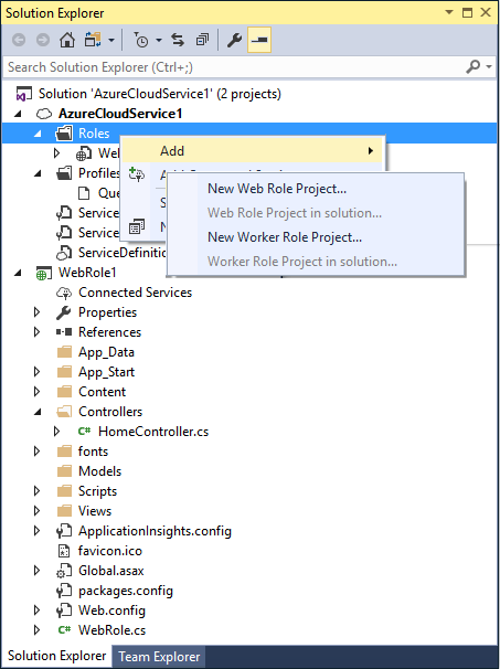 Screenshot that shows menu option to add a role to an Azure Cloud Services (extended support) project.