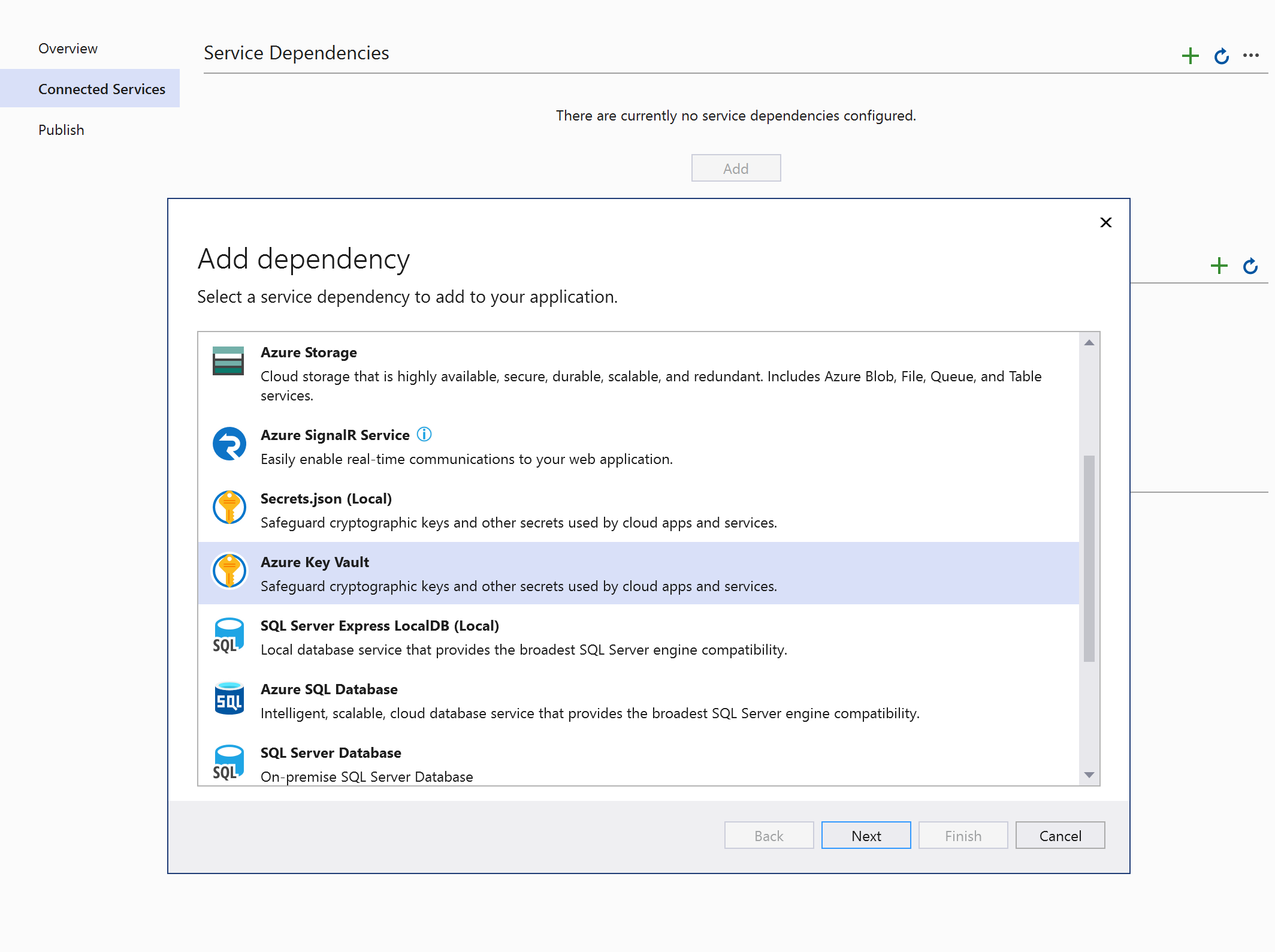 Screenshot showing Connected Services screen, with option to choose Azure Key Vault.