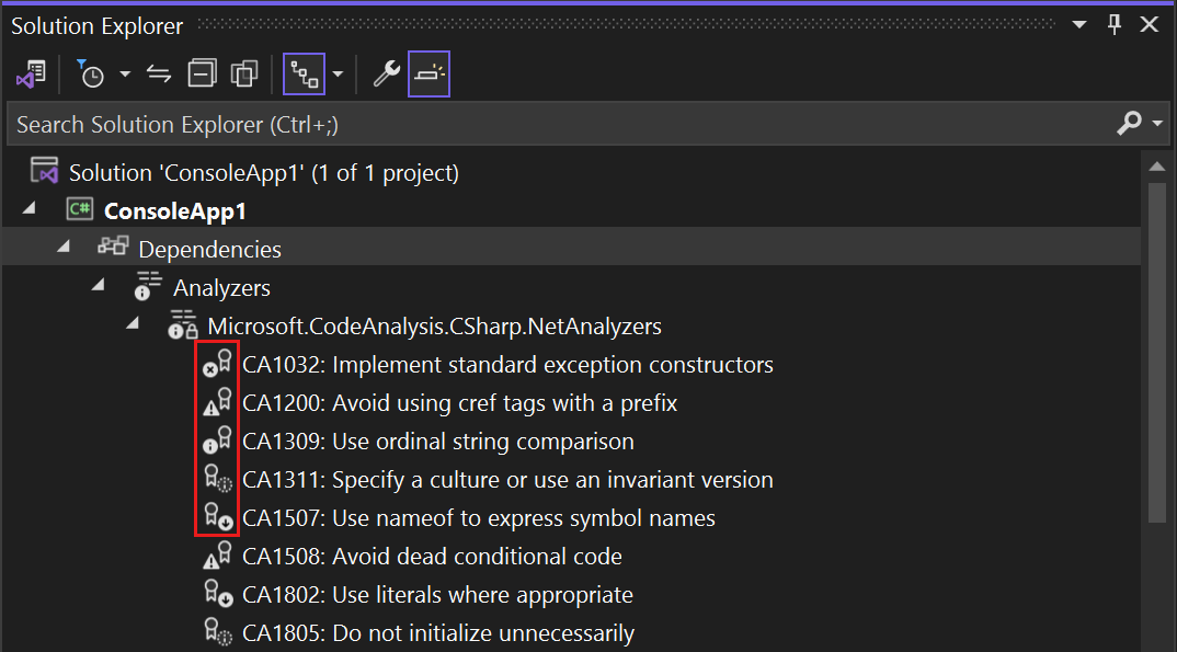 Screenshot that shows severity icons for analyzer diagnostics in Solution Explorer.