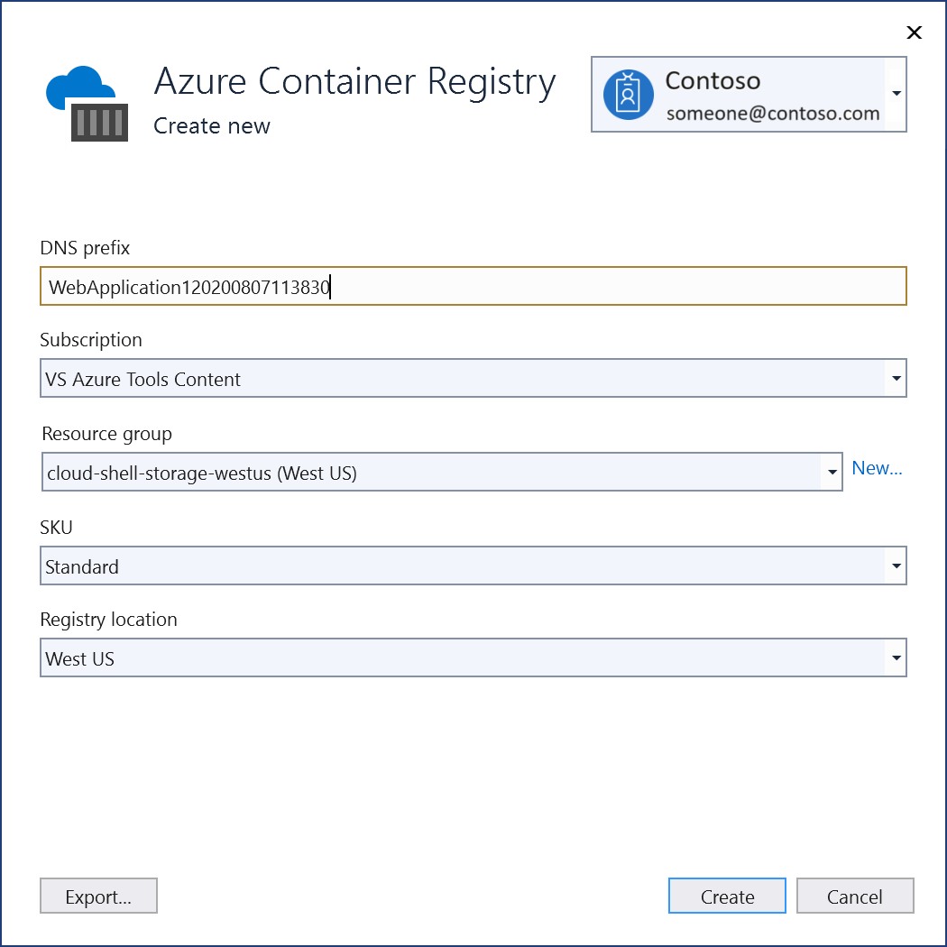 Screenshot that shows how to enter values in the dialog to create a new Azure container registry.