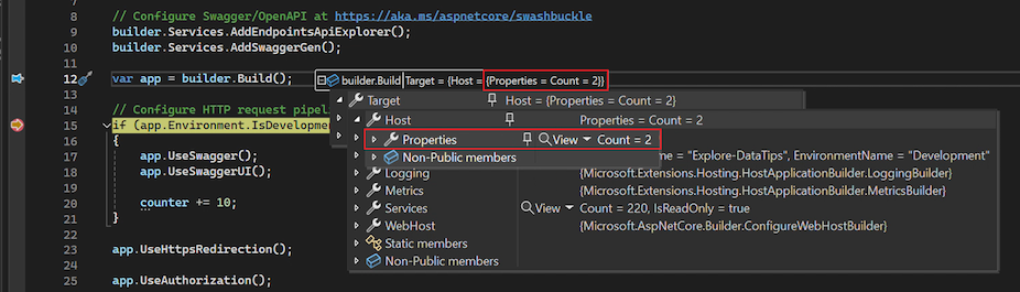 Screenshot that shows how to pin properties in a data tip.