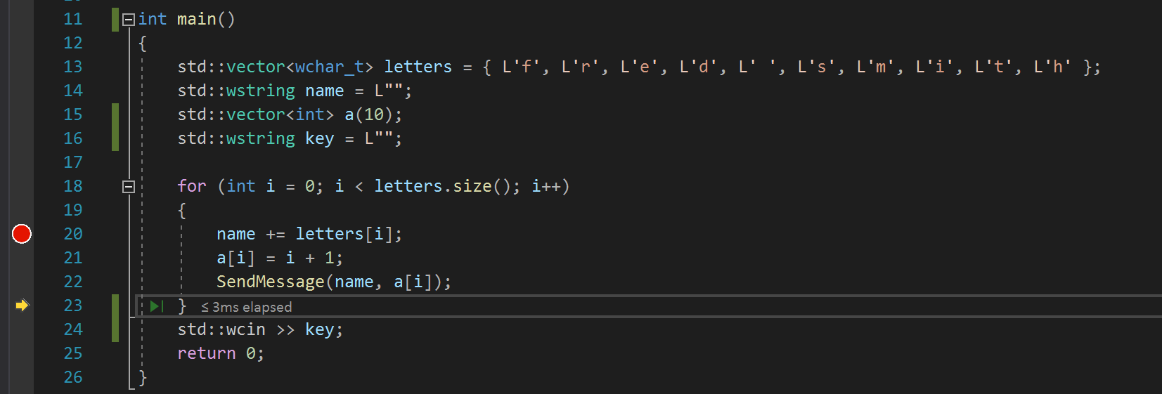 Screenshot that shows the debugger stepped over the SendMessage method and the yellow pointer indicating the pause location.