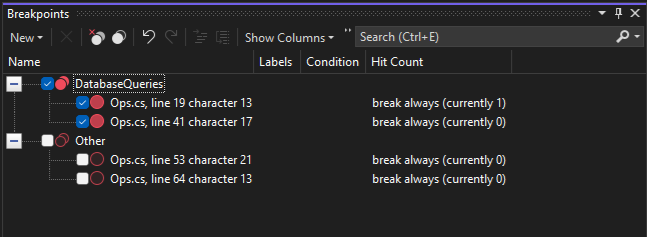 Screenshot of breakpoint groups.