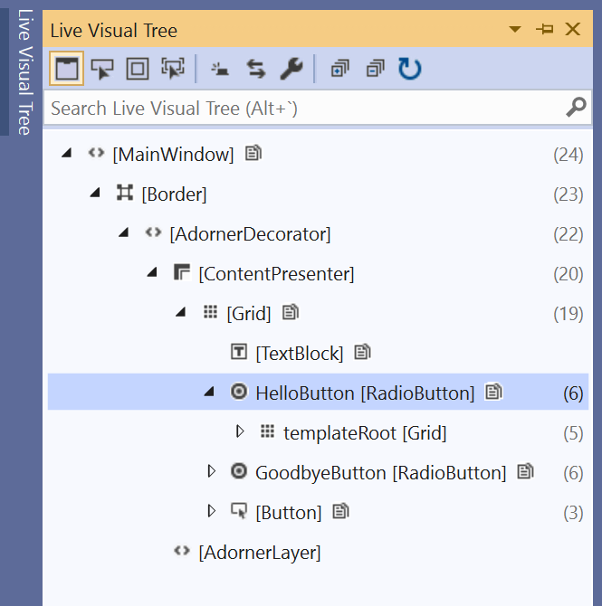 Screenshot of the Live Visual Tree window, showing the tree of visual elements in the page while it's running.