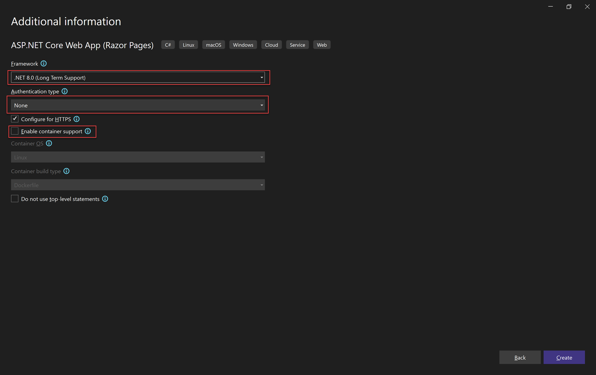 Screenshot that shows the default settings in the Additional information window where the target framework is set to .NET 8.0.