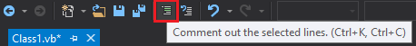 Screenshot of the toolbar. The button for commenting out code is highlighted in red.