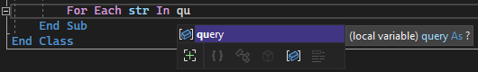 Screenshot of the IntelliSense word completion window for the word 'query' in the Visual Studio code editor.