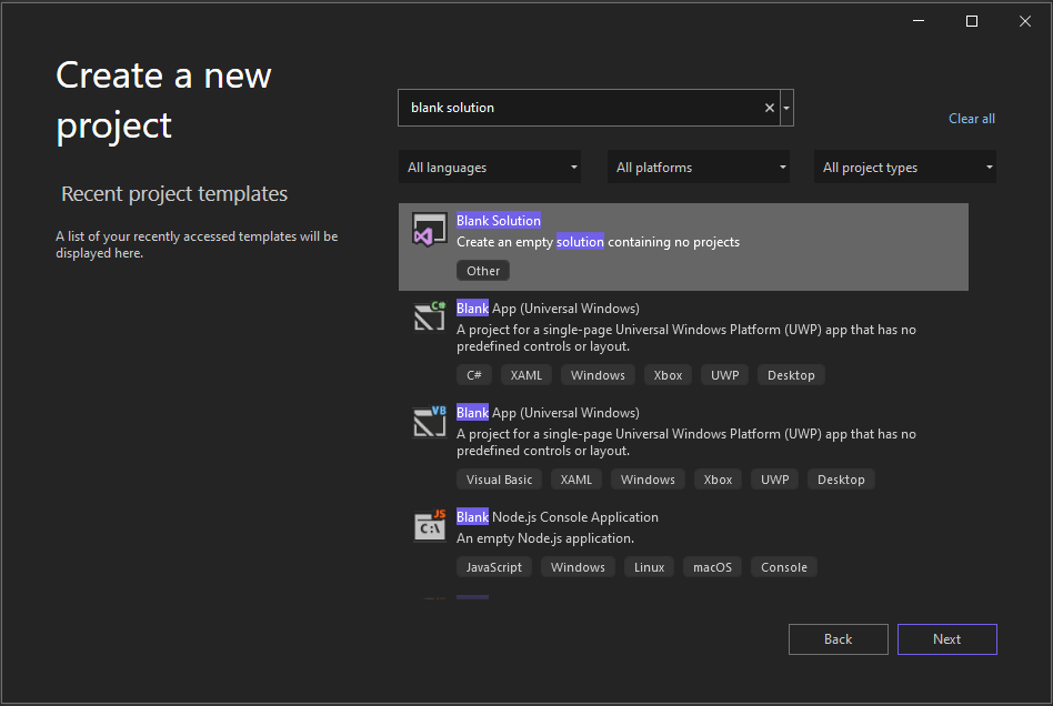 Screenshot showing the Create a new project window with 'blank solution' in the search box and the Blank Solution project template selected.