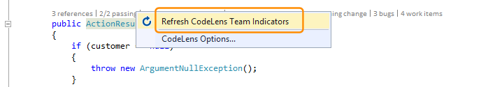 Screenshot of Refresh CodeLens Team Indicators menu item in Visual Studio 2019.