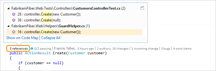 Screenshot that shows how to select the CodeLens references option in Visual Studio 2019.