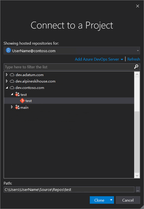 Screenshot of the 'Connect to a Project' dialog from Visual Studio 2019 version 16.8 and later.