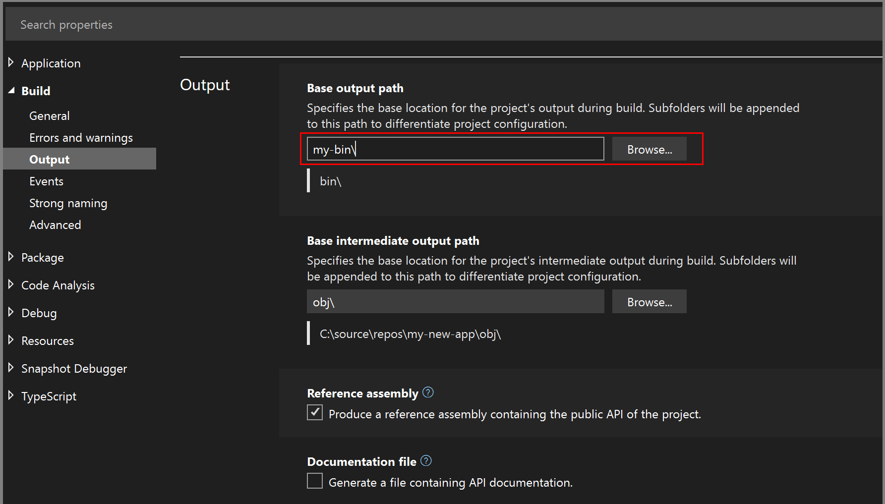 Screenshot that shows the Output path property for a .NET Core C# project.