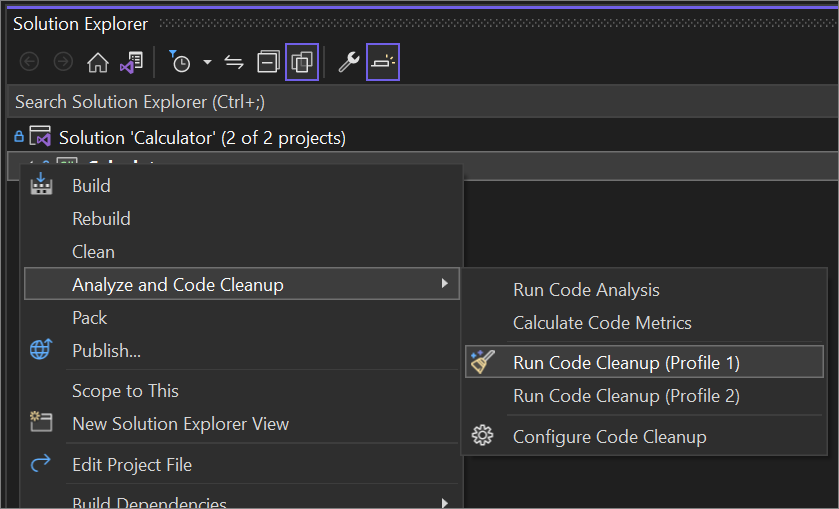 Screenshot of  how to run Analyze and Code Cleanup across an entire project or solution.