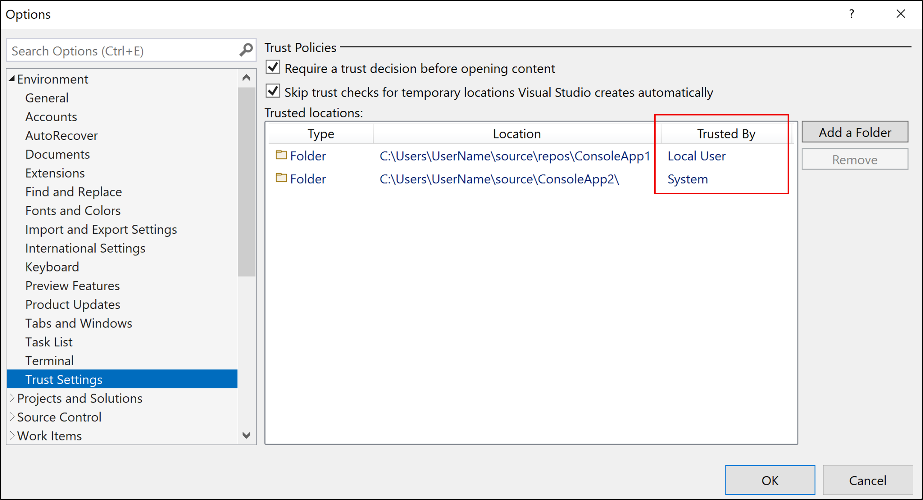 Screenshot showing the **Trusted By** values of *Local User* and *System* in the **Trusted locations** list.