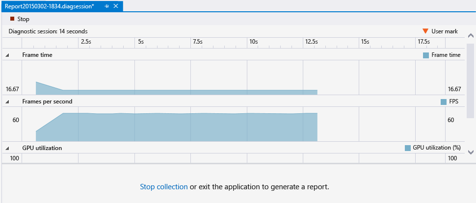 Screenshot of a diagnostics session window in the GPU Usage tool, showing Frames per second, GPU utilization, the Stop button, and the Stop collection link.