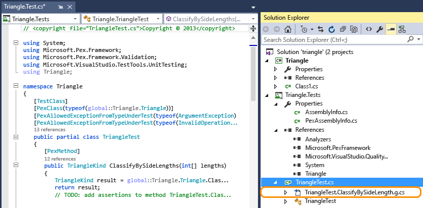 Screenshot of saved tests in Solution Explorer.