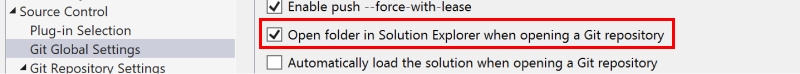 Screenshot showing the checkbox to open folder when opening a Git repository in the Options dialog box.