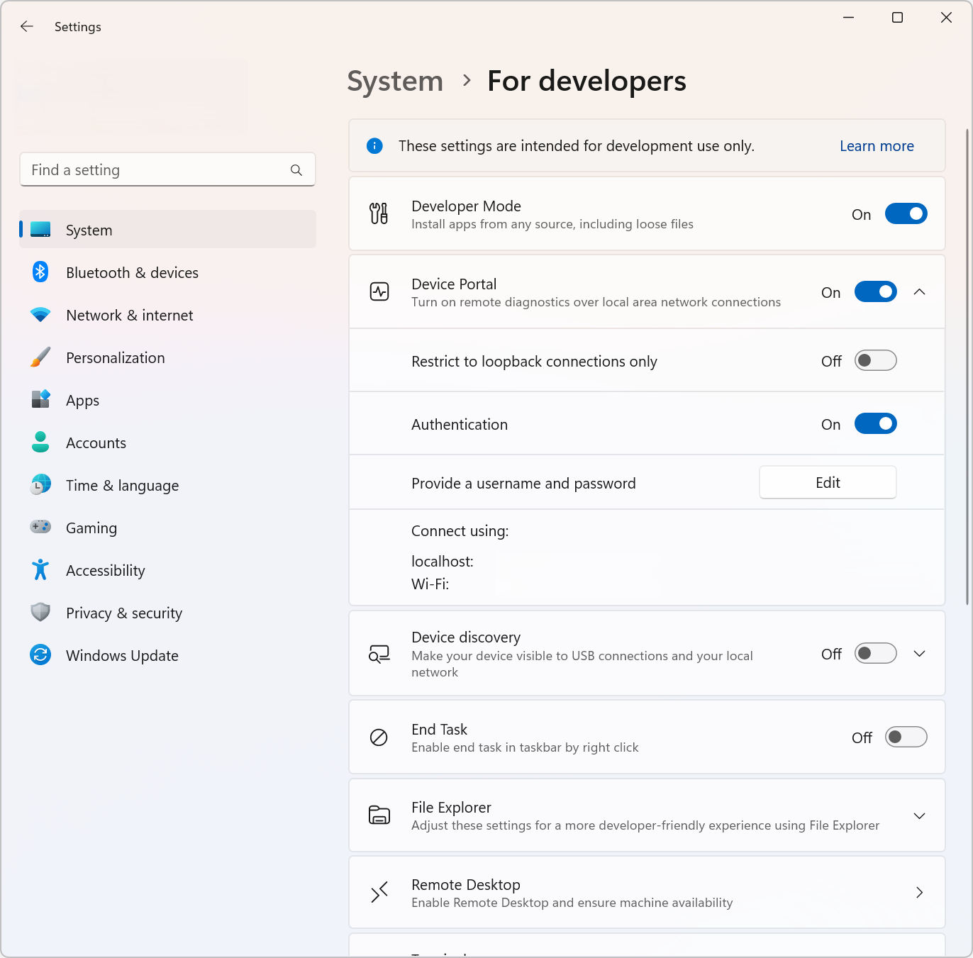 Screenshot of the Settings -> System -> For developers window that shows the Device Portal settings available after being enabled.