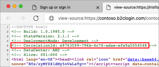 Screenshot of Azure AD B2C sign-in page view source.