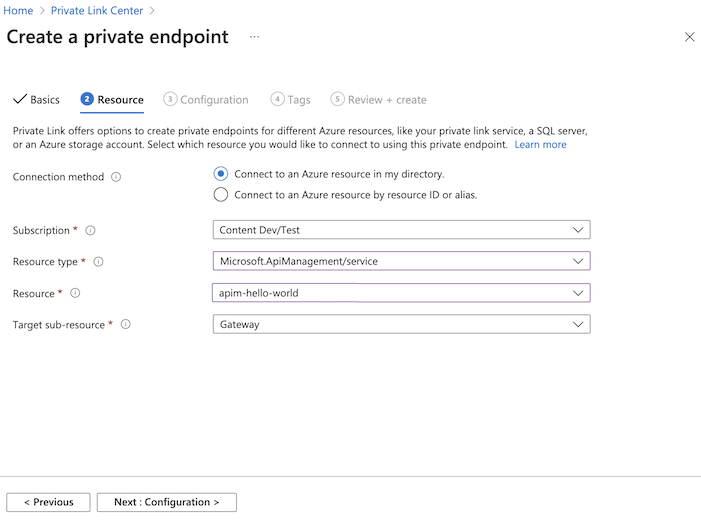 Screenshot showing settings to create a private endpoint in the Azure portal.