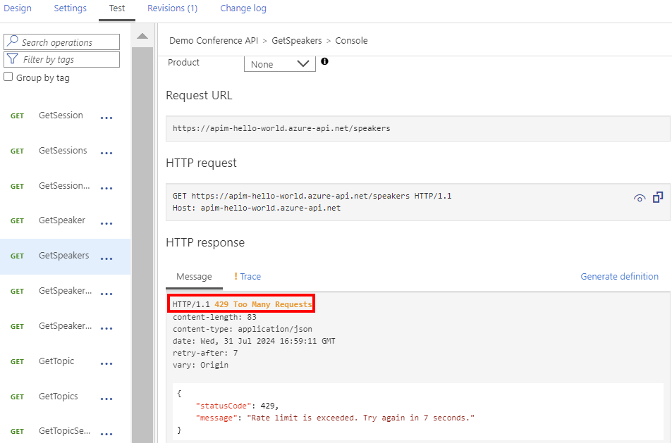 Screenshot showing Too Many Requests in the response in the portal.