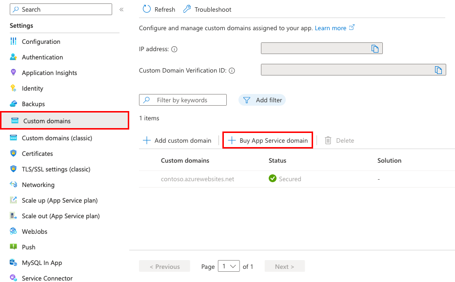 A screenshot showing how to open the App Service domain wizard.