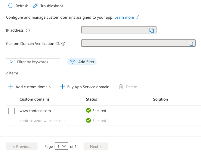 A screenshot showing the custom domains page with the new secured custom domain.