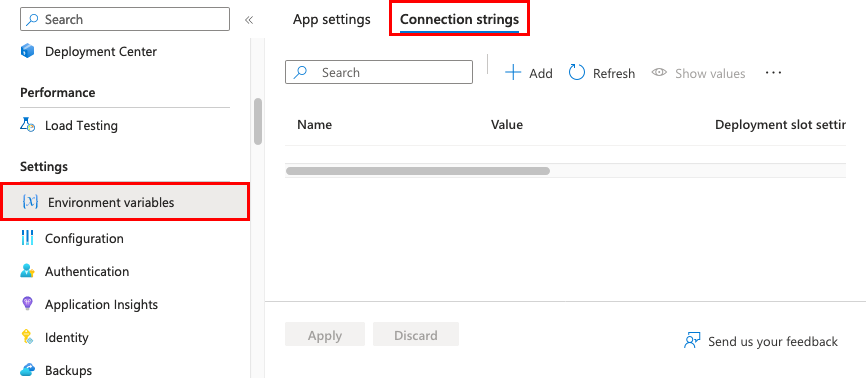 Screenshot that shows selections for displaying connection strings.