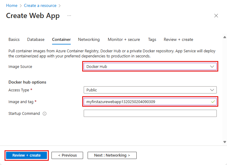 Screenshot of Configure your a Web App for Containers.