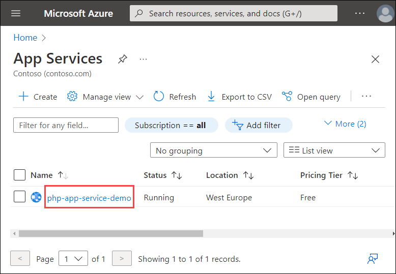 Screenshot of the App Services list in Azure. The name of the demo app service is highlighted.