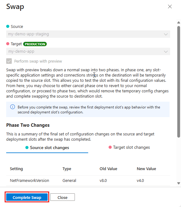 Screenshot that shows how to configure a swap with preview in the portal.