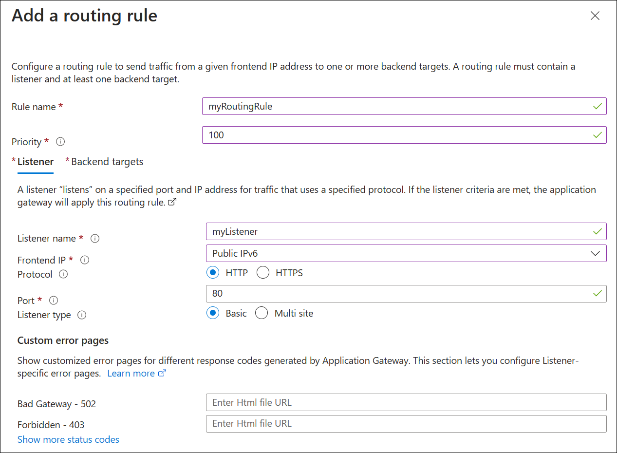 A screenshot of create new application gateway: listener.