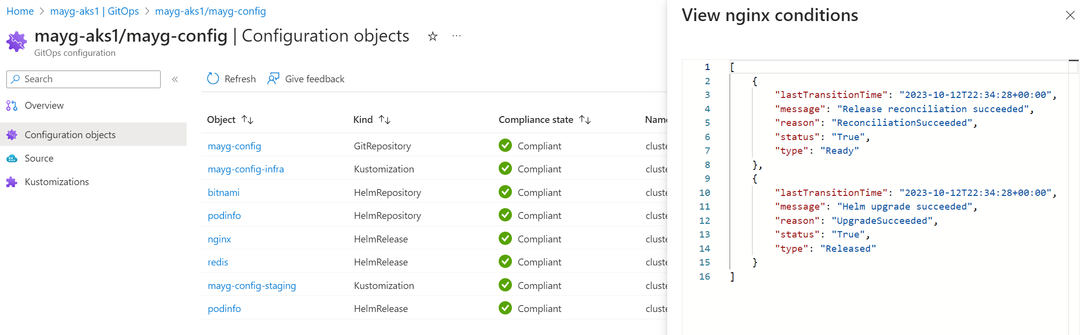 Screenshot showing detailed conditions for a configuration object.