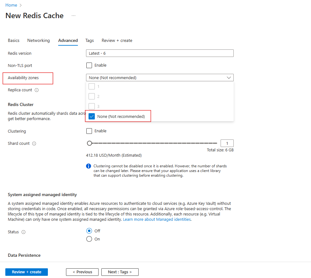 Screenshot showing the Advanced tab with a red box around Availability zones and its None option for Premium cache.