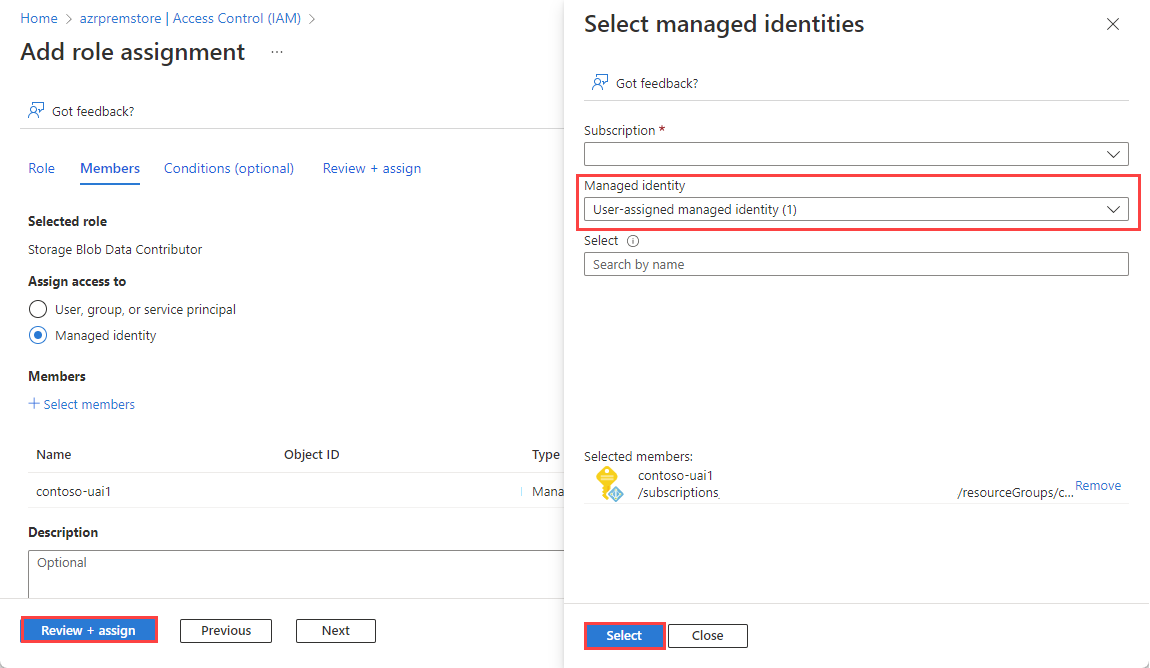 Screenshot showing Managed Identity form with User-assigned managed identity indicated.